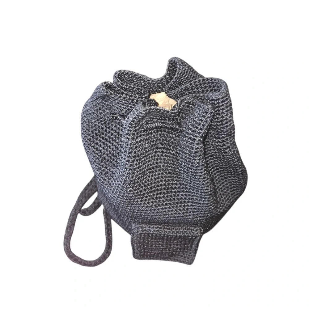 The Sak Black Crochet Front Pocket Drawstring‎ Bucket Bag Backpack 12